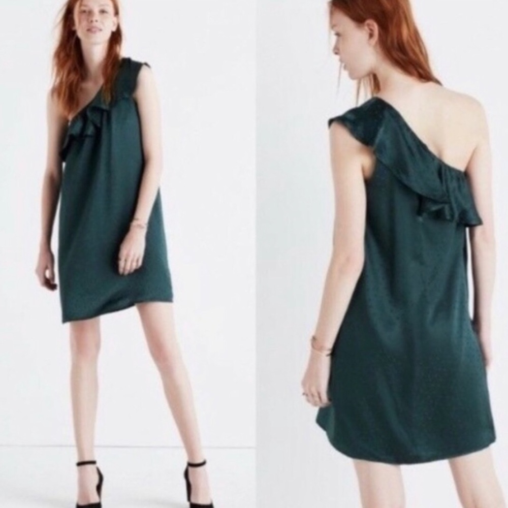 Madewell silk mini dress in dark green with polka dot